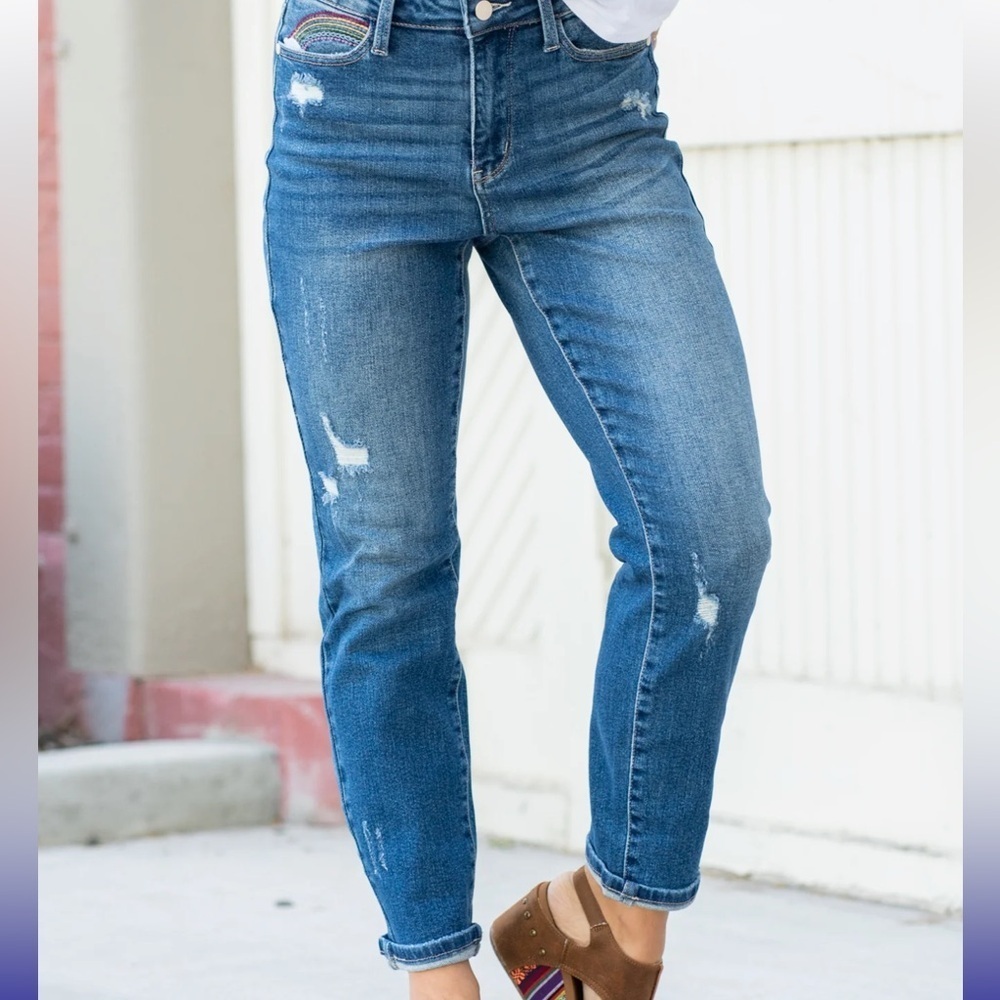 Judy Blue Straight leg  RainBow Pocket Distressed Jeans womens 32
